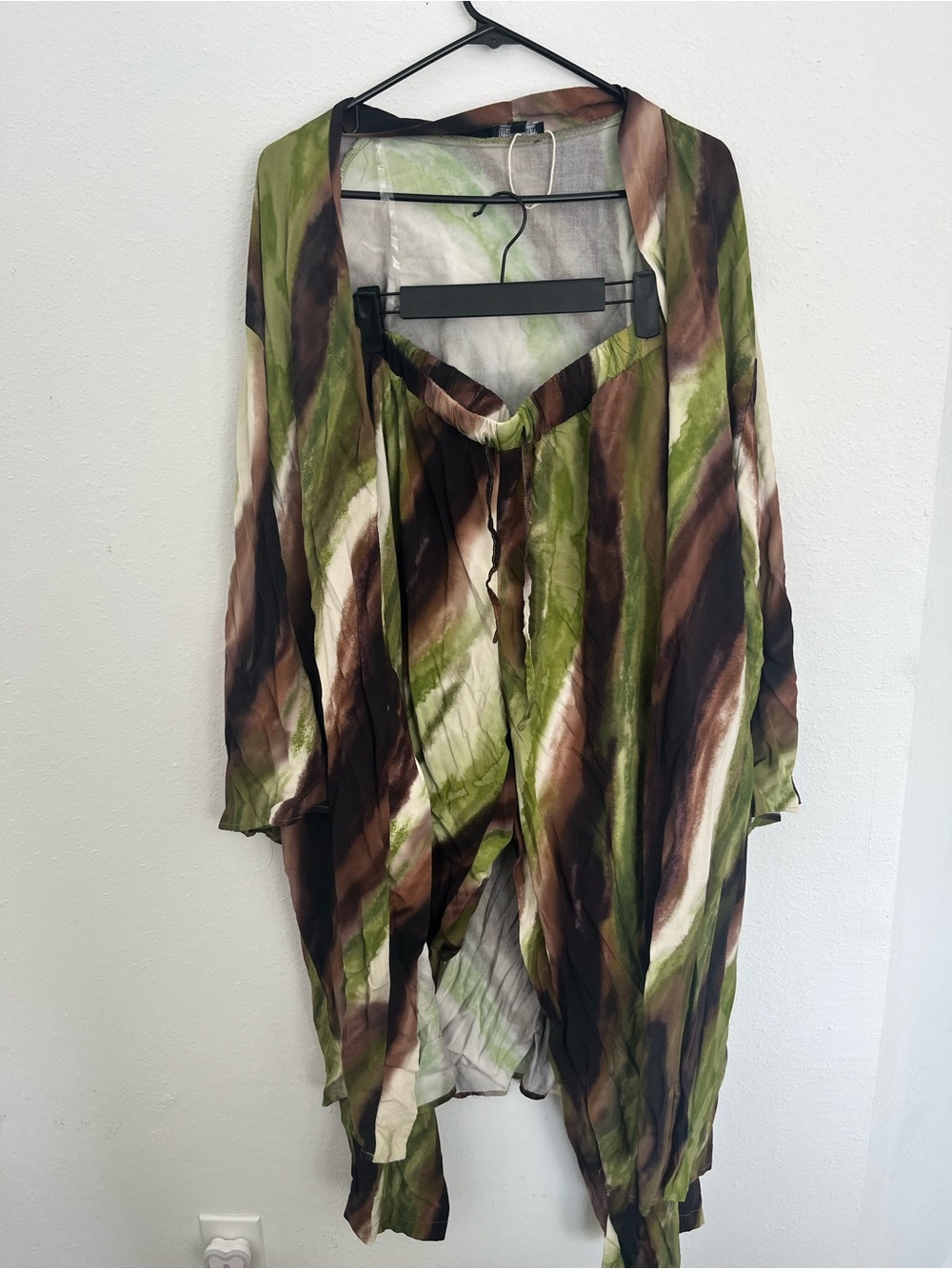 Flowy Tie-Dye Kimono Cardigan & Pants set in Olive & Brown
